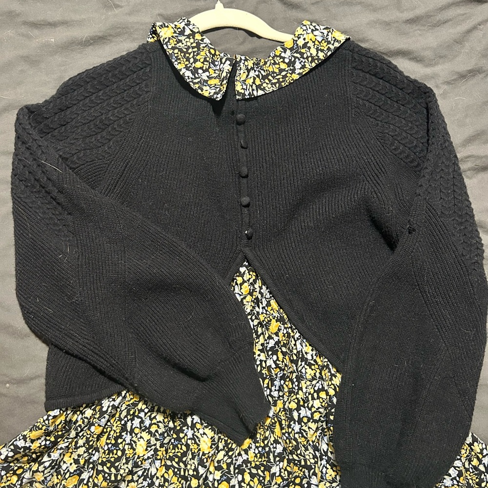 Anthropologie Maeve Black Cardigan with Floral Collar